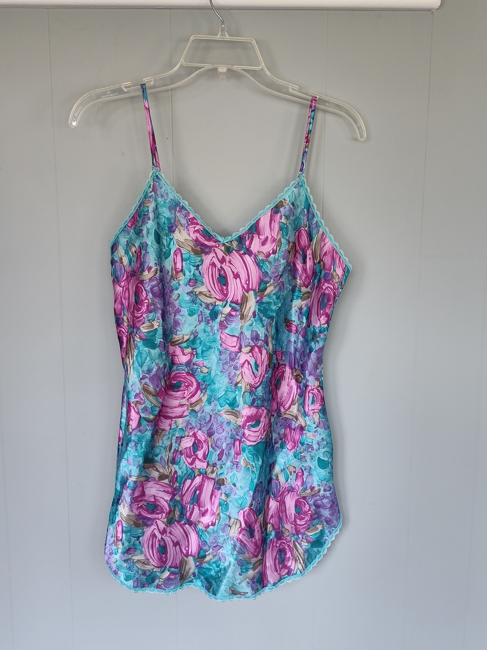 Vintage Floral Satin Teal and Pink Pajama Top